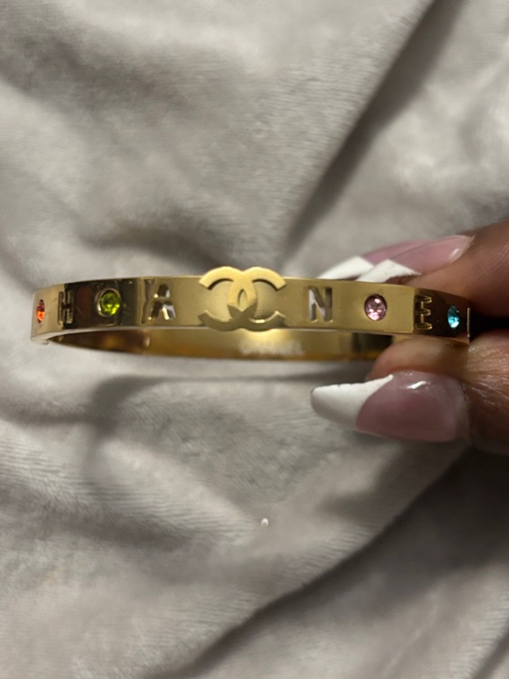 CHANEL Inspired Gold-Tone Bangle with Multicolored Stone Accents